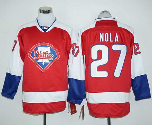 Phillies #27 Aaron Nola Red Long Sleeve Stitched MLB Jersey - Click Image to Close